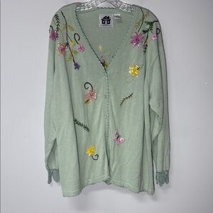 Storybook Knits Pastel Green Cardigan Floral Embroidery Sequins Plus Size 3X